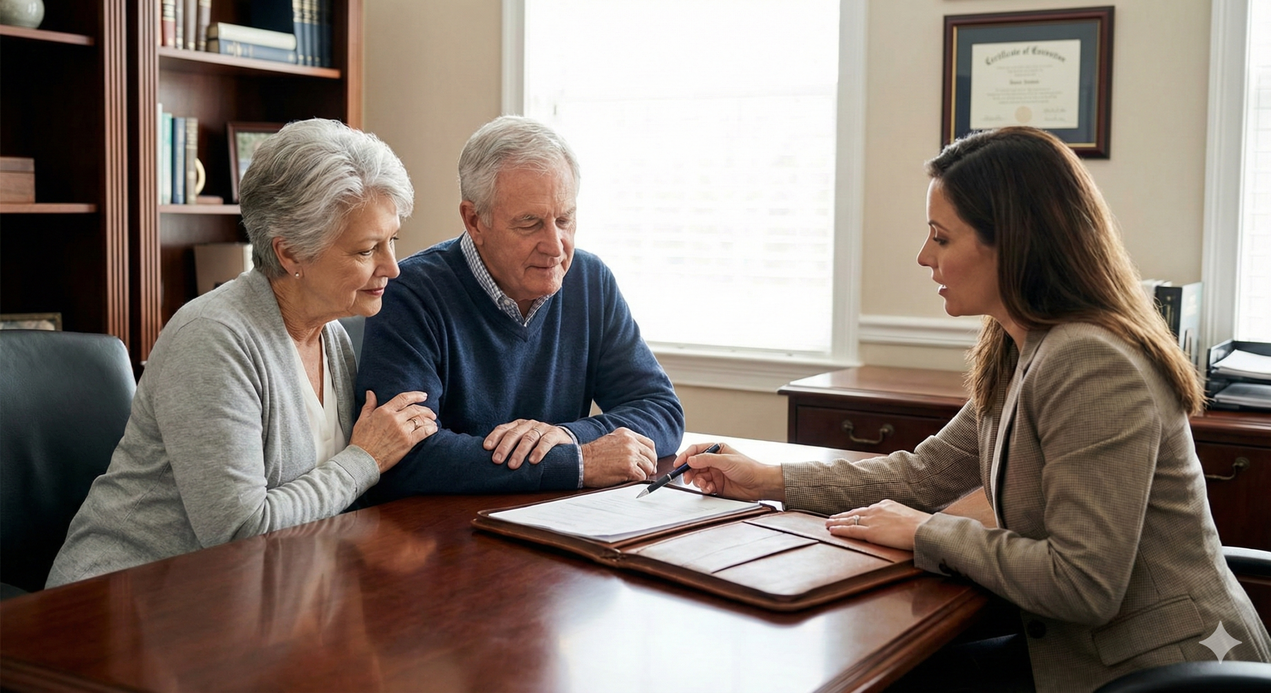 Picture of elderly couple estate planning with tax specialist